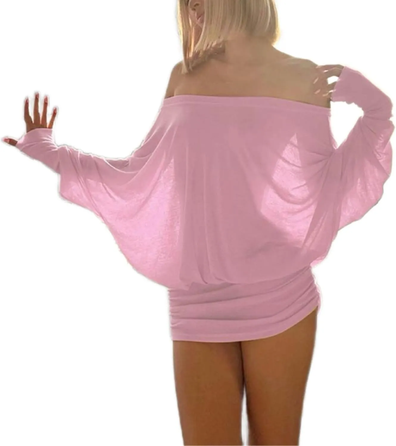 Womens Off The Shoulder Mini Dress Ruched Batwing Sleeve Strapless Dress Y2K Long Sleeve Nightout Streetwear Club Slim Skirt