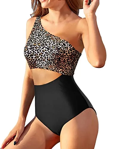 Women's Removable Padded Bra Swimsuit Cutout Swimwear Monokini-Black And Leopard