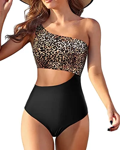 Women's Removable Padded Bra Swimsuit Cutout Swimwear Monokini-Black And Leopard
