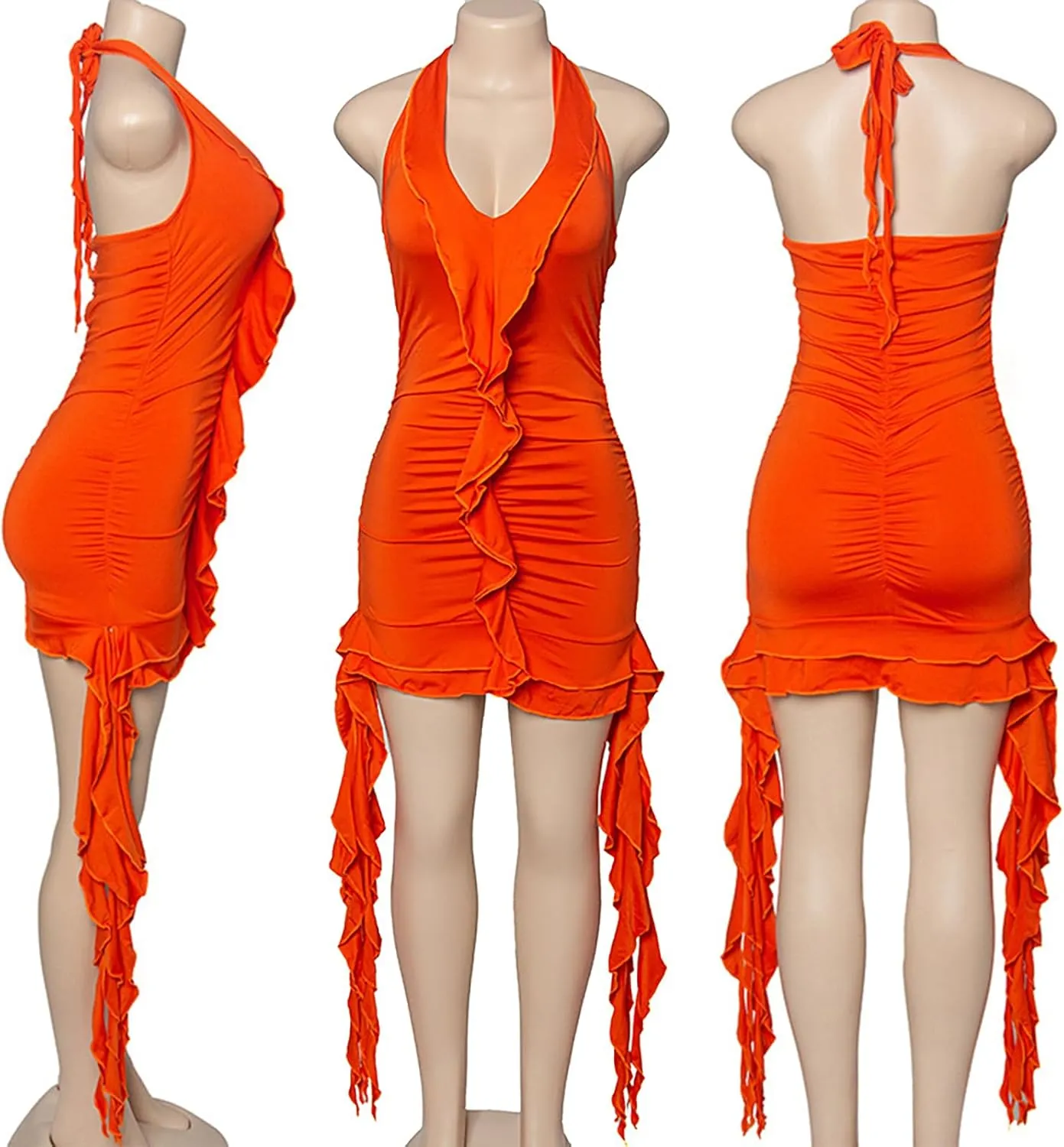 Womens Sexy Ruffle Y2K Mini Dress Halter Deep V Neck Backless Fringe Tassel Ruched Party Club Short Dresses