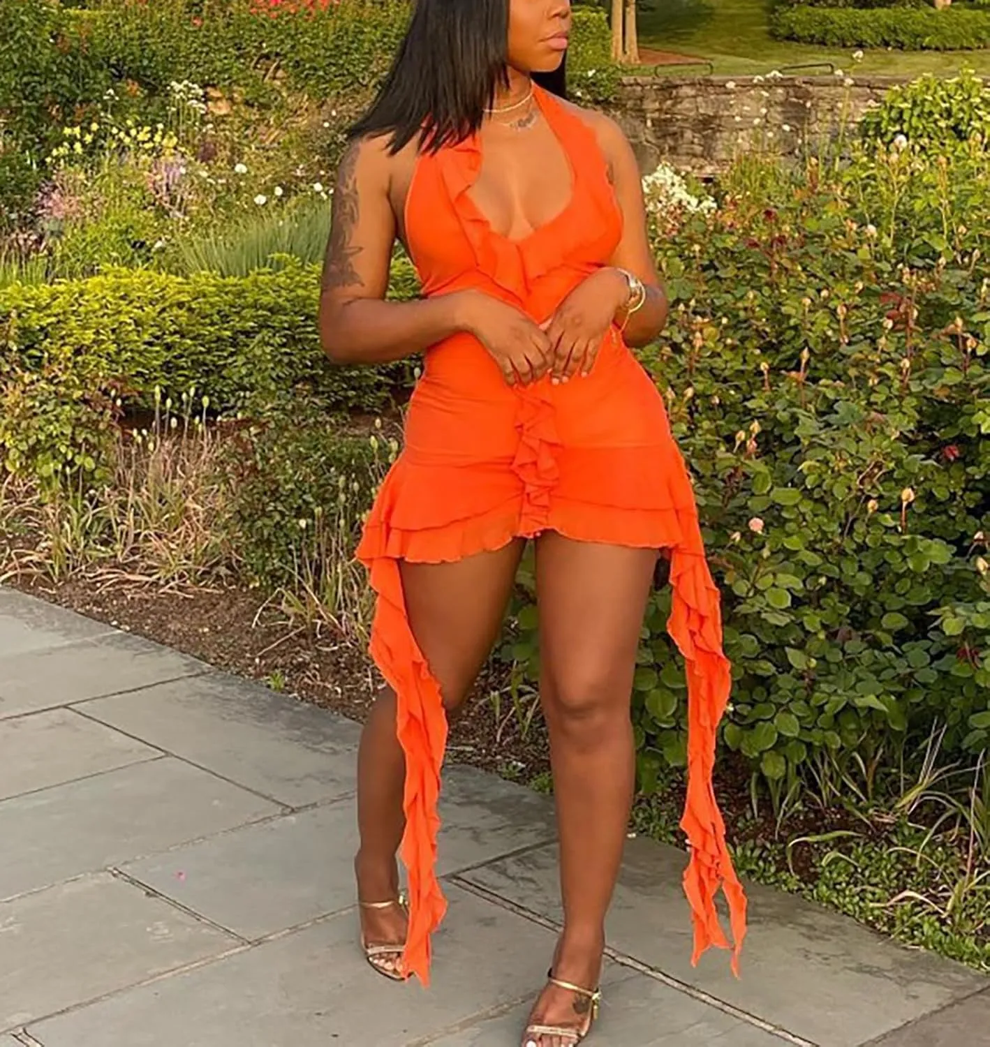 Womens Sexy Ruffle Y2K Mini Dress Halter Deep V Neck Backless Fringe Tassel Ruched Party Club Short Dresses