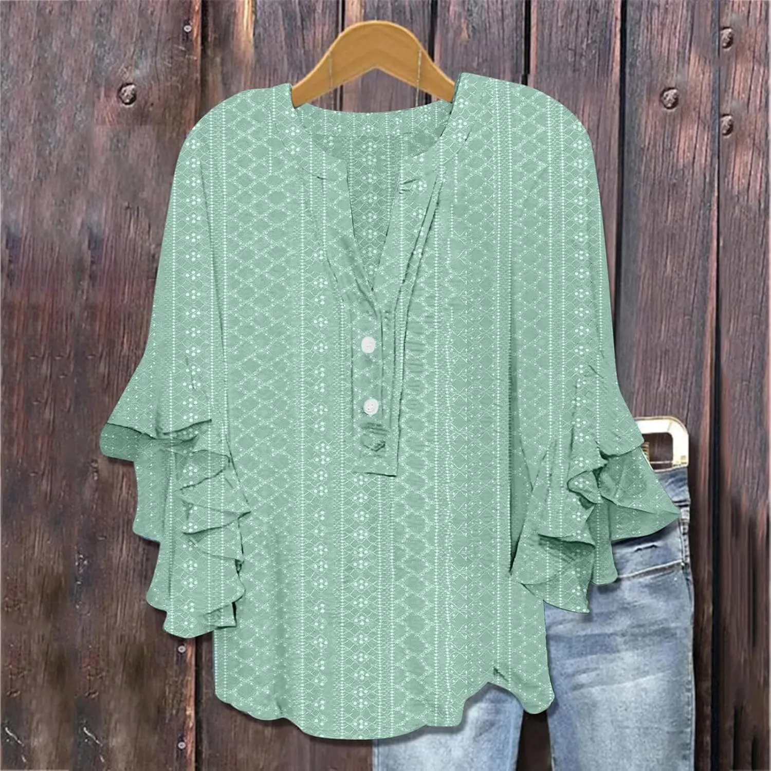 Womens Tops Elegant 3/4 Lace Sleeves V-Neck Button Up Hollow Out Tunic Top T-Shirt Solid Color Loose Tee 2025