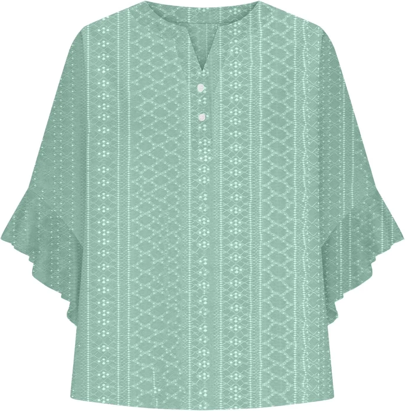 Womens Tops Elegant 3/4 Lace Sleeves V-Neck Button Up Hollow Out Tunic Top T-Shirt Solid Color Loose Tee 2025