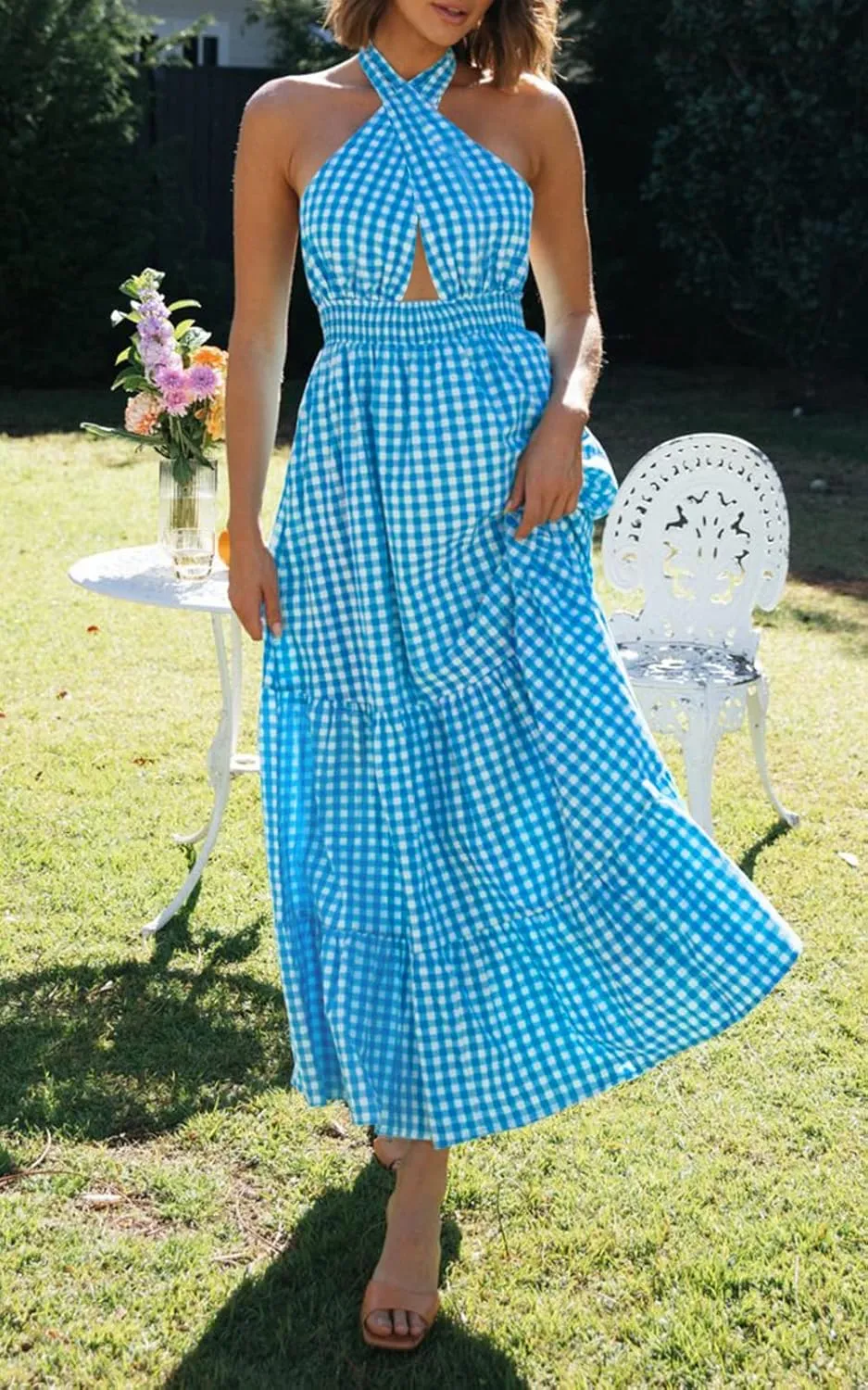 ZESICA Women's 2025 Summer Crossover Halter Neck Sleeveless Plaid Cut Out Backless Flowy A Line Maxi Dress