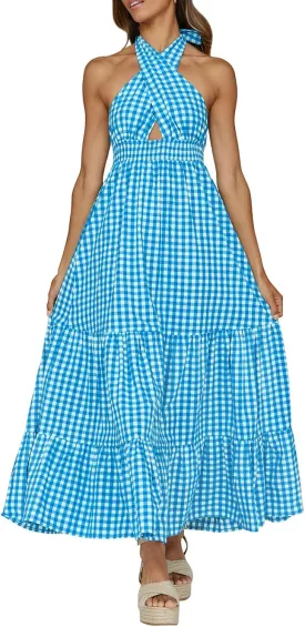 ZESICA Women's 2025 Summer Crossover Halter Neck Sleeveless Plaid Cut Out Backless Flowy A Line Maxi Dress