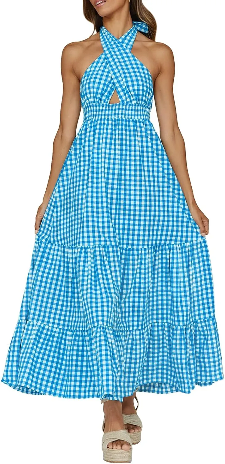 ZESICA Women's 2025 Summer Crossover Halter Neck Sleeveless Plaid Cut Out Backless Flowy A Line Maxi Dress