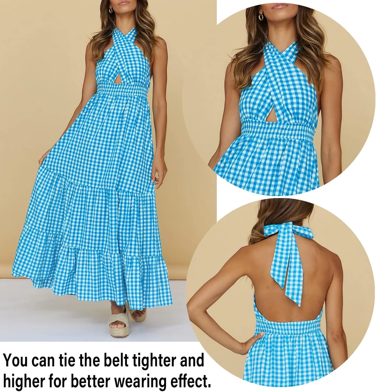 ZESICA Women's 2025 Summer Crossover Halter Neck Sleeveless Plaid Cut Out Backless Flowy A Line Maxi Dress