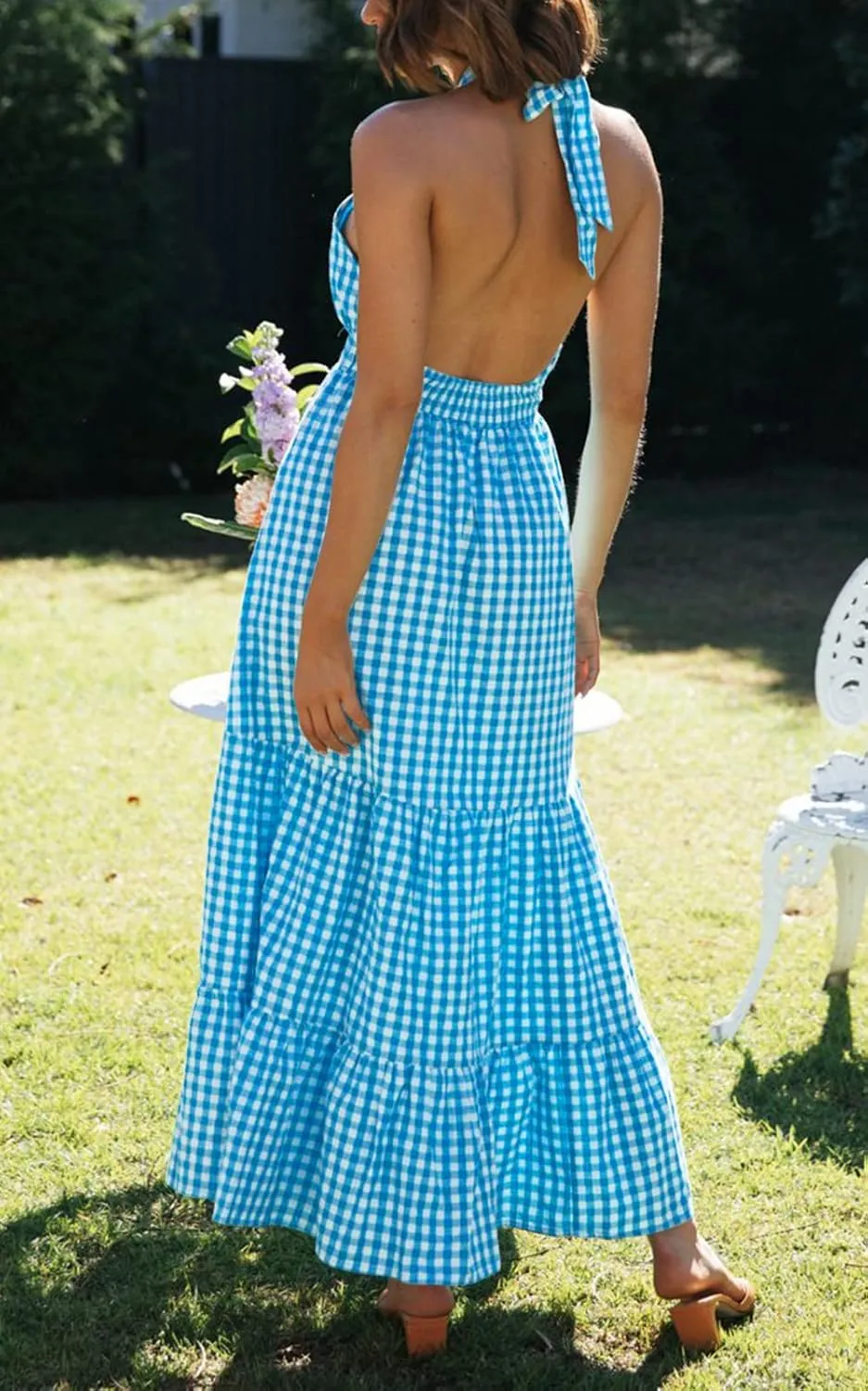 ZESICA Women's 2025 Summer Crossover Halter Neck Sleeveless Plaid Cut Out Backless Flowy A Line Maxi Dress