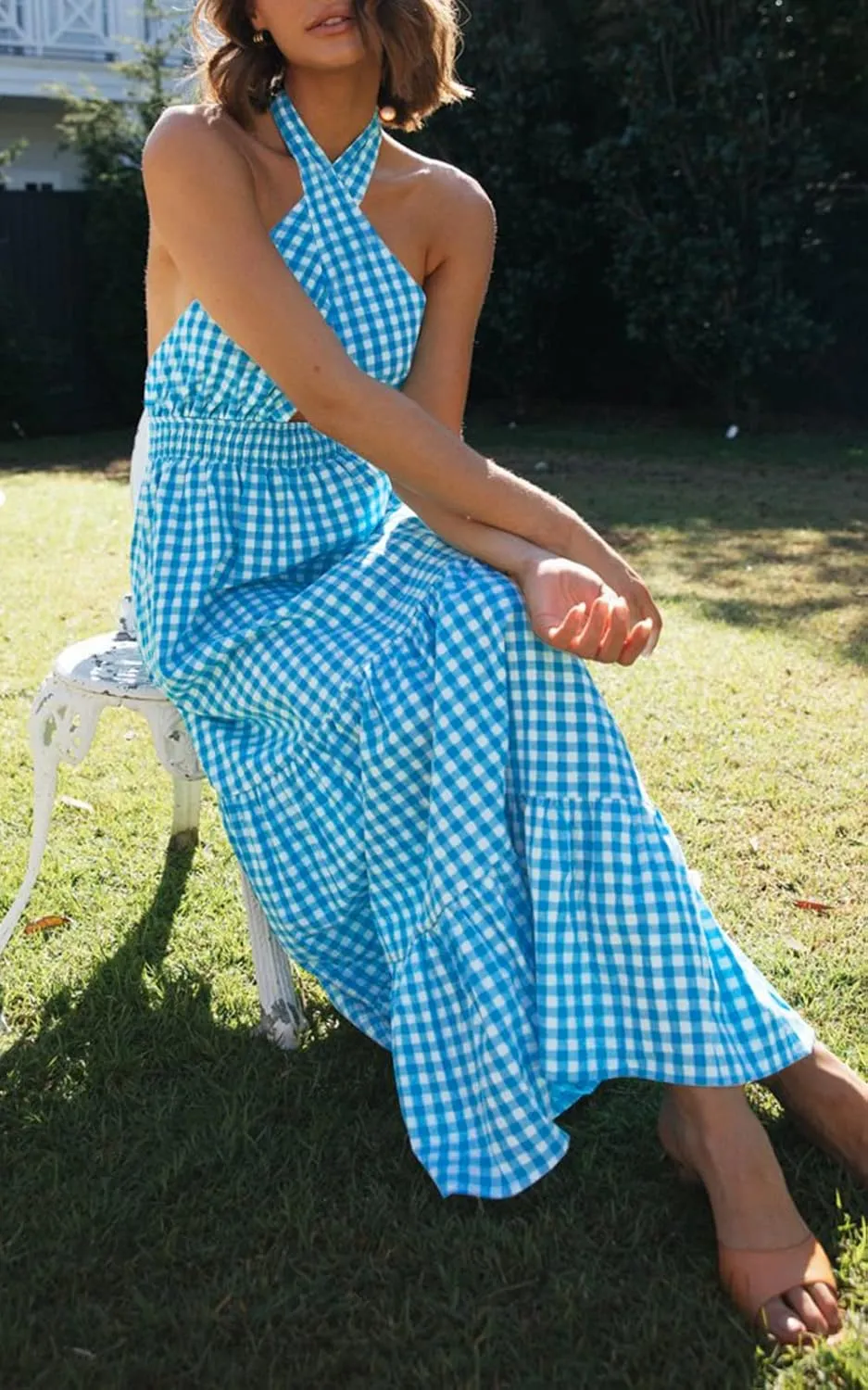 ZESICA Women's 2025 Summer Crossover Halter Neck Sleeveless Plaid Cut Out Backless Flowy A Line Maxi Dress