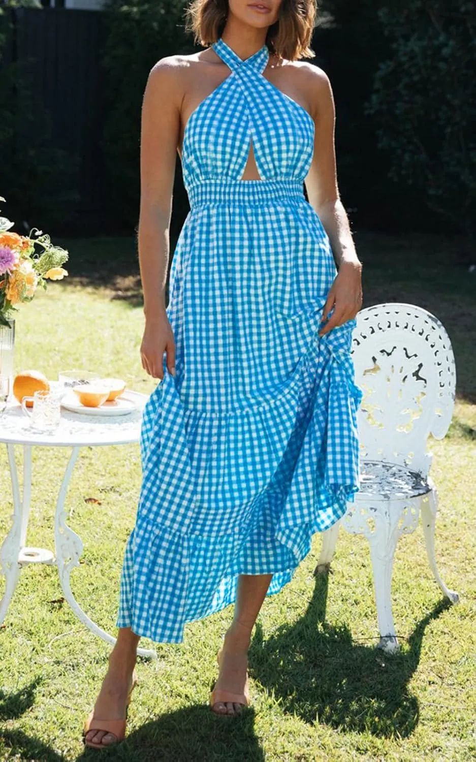 ZESICA Women's 2025 Summer Crossover Halter Neck Sleeveless Plaid Cut Out Backless Flowy A Line Maxi Dress